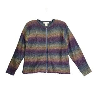 Vintage Mohair Blend Zip Up Cardigan Sweater Large Rainbow Ombre Fuzzy Grunge